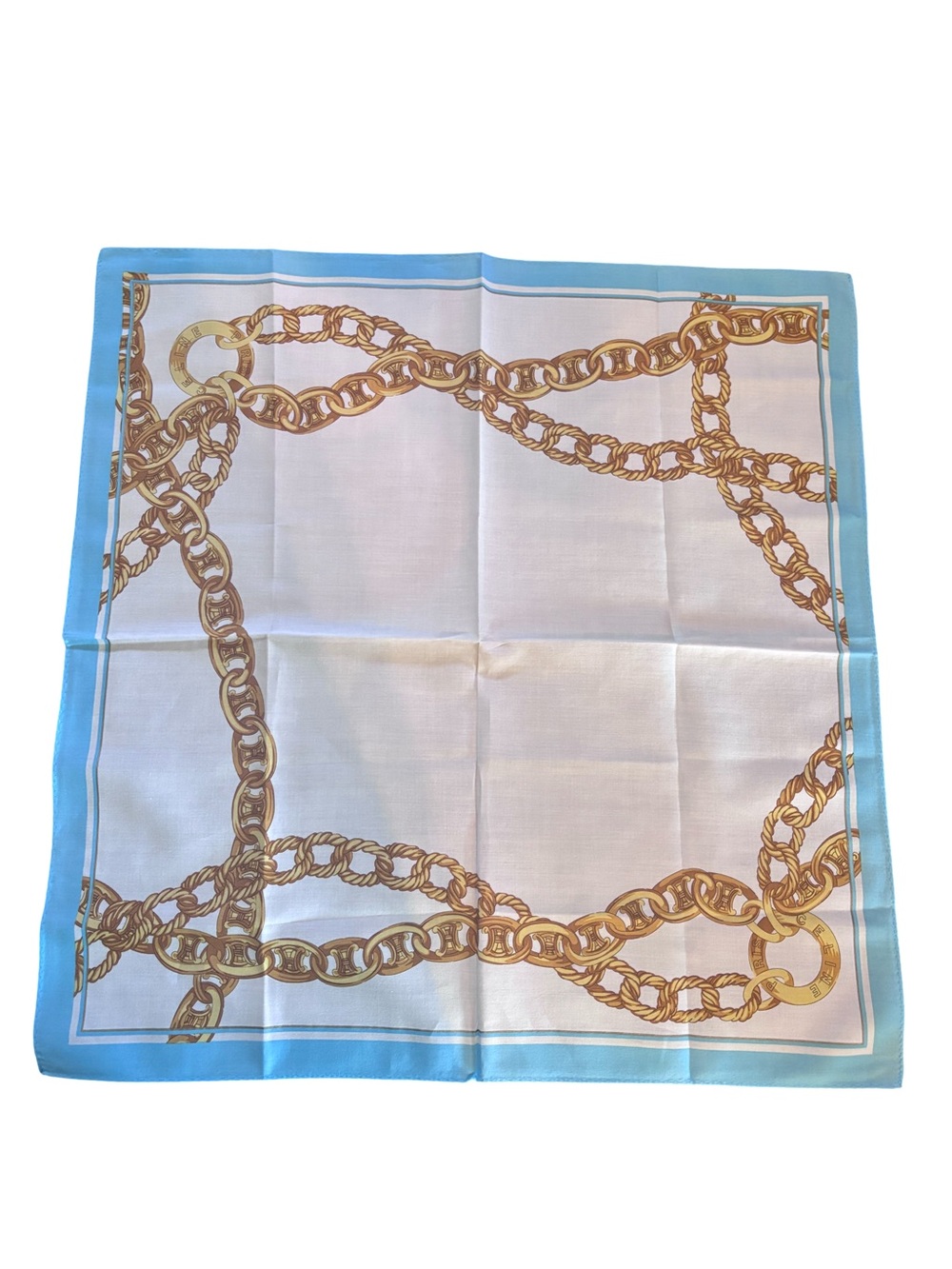 Authentic Celine Turquoise, White, and Gold Chain Print cotton Scarf